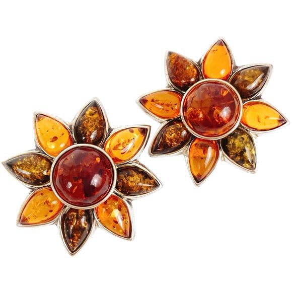 Genuine Baltic Amber Sterling Silver Clip On Sunflower Earrings Poland Vintage - Picture 1 of 16